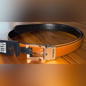 Men’s Steve Madden Reversible Tan/ Black Leather Belt with Silver Buckle